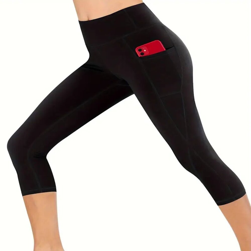 Women's Premium 240GSM Fabric Capri Leggings Phone Pockets Black Small - XLarge